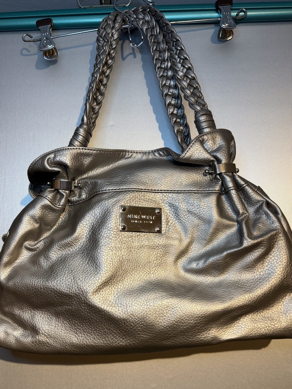 Nine West Metallic Pewter Braided-Handle Shoulder Bag